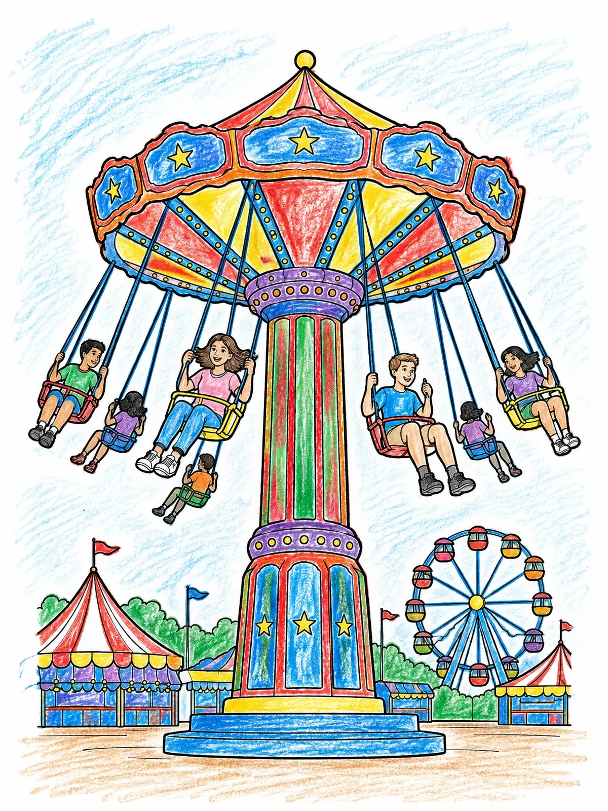 Colored example of the Carnival Wave Swinger Ride coloring page