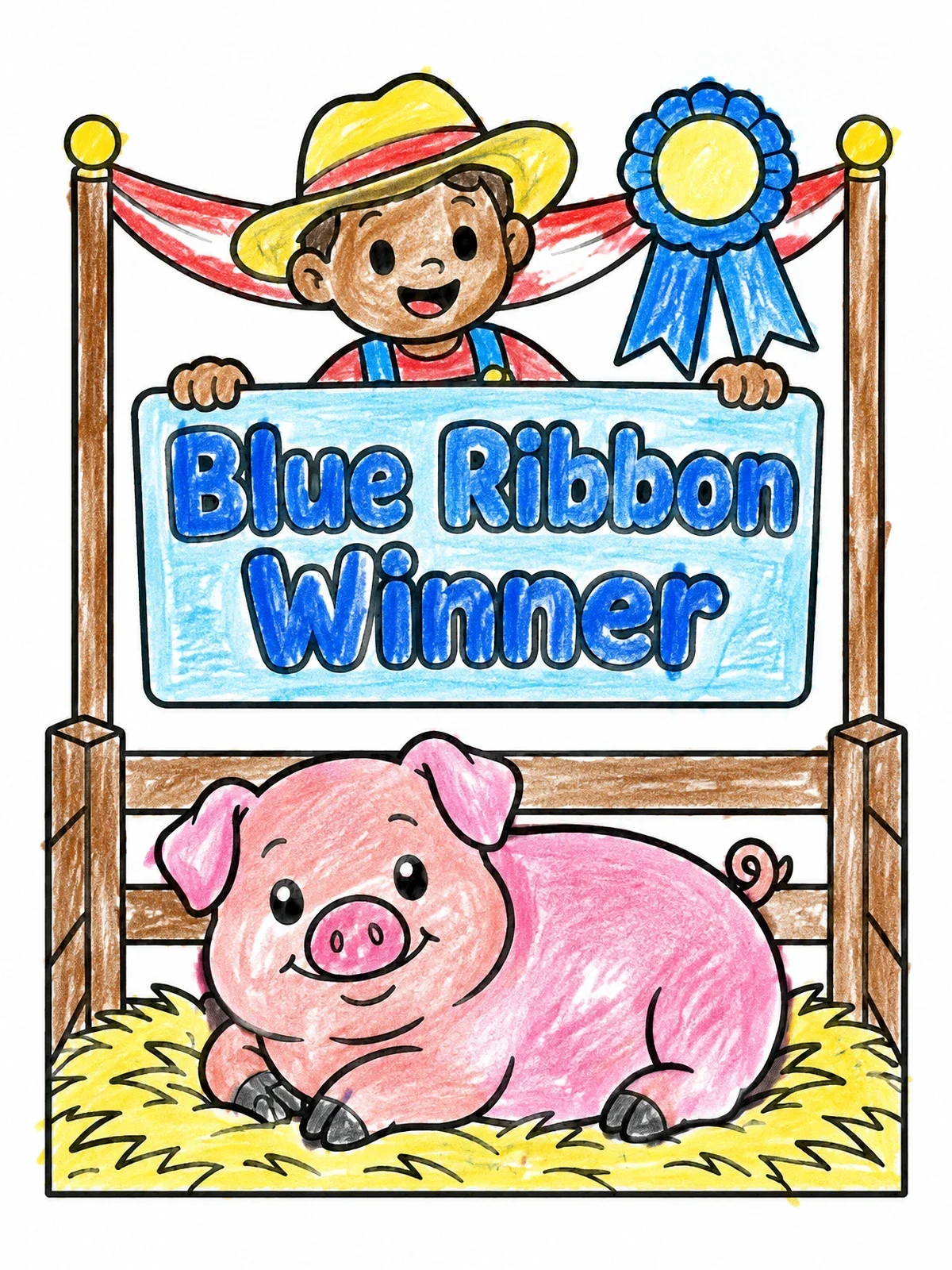 Colored example of the Blue Ribbon Winner Pig coloring page