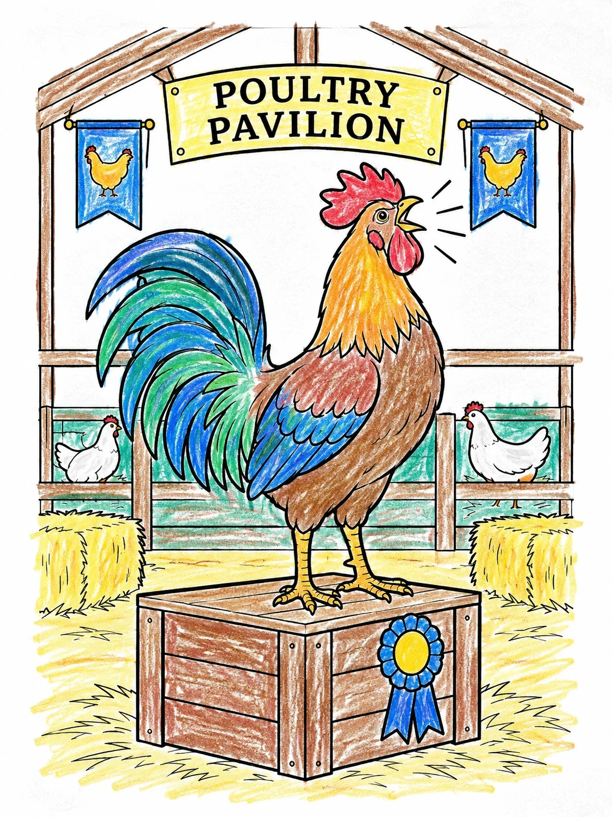 Colored example of the Rooster Crowing In Poultry Pavilion coloring page