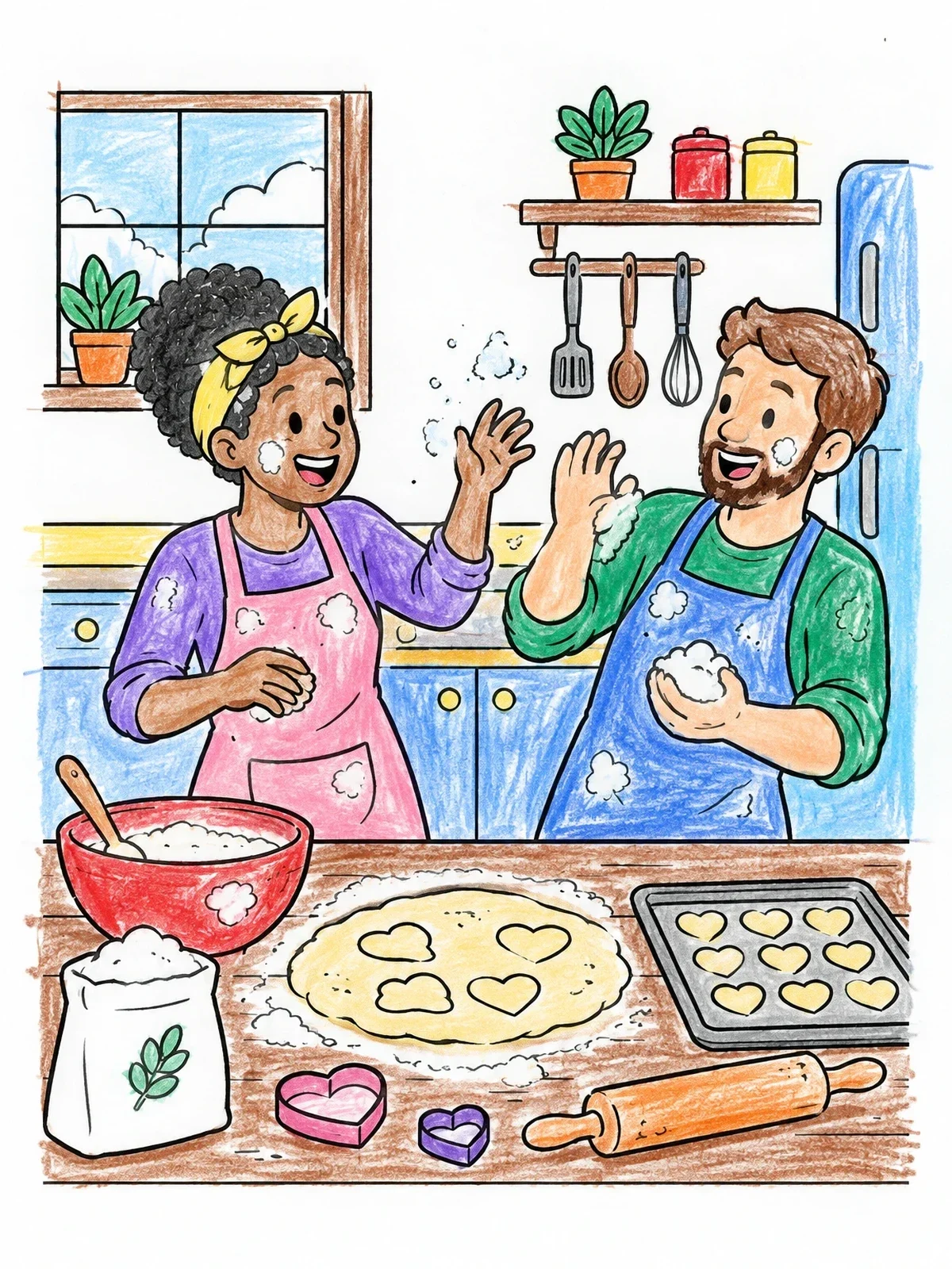 Colored example of the Couple Baking Heart Cookies Together coloring page