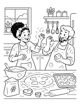 Free printable Couple Baking Heart Cookies Together coloring page