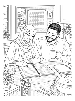 A couple plans their finances with this debt free coloring page at a bright kitchen table.