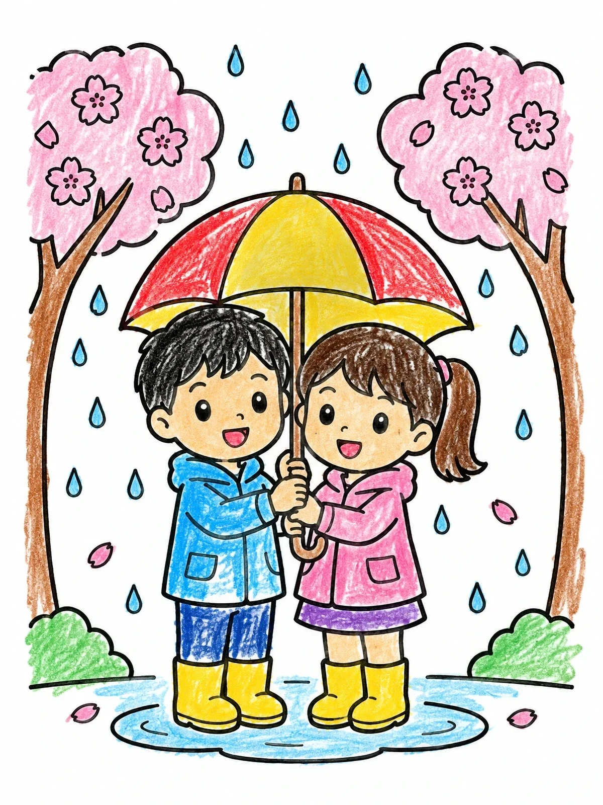Colored example of the Children Sharing An Umbrella In Spring Rain coloring page