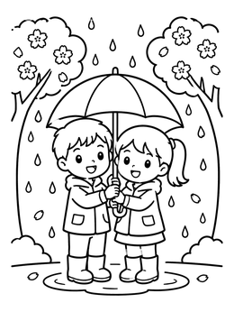 Free printable Children Sharing An Umbrella In Spring Rain coloring page