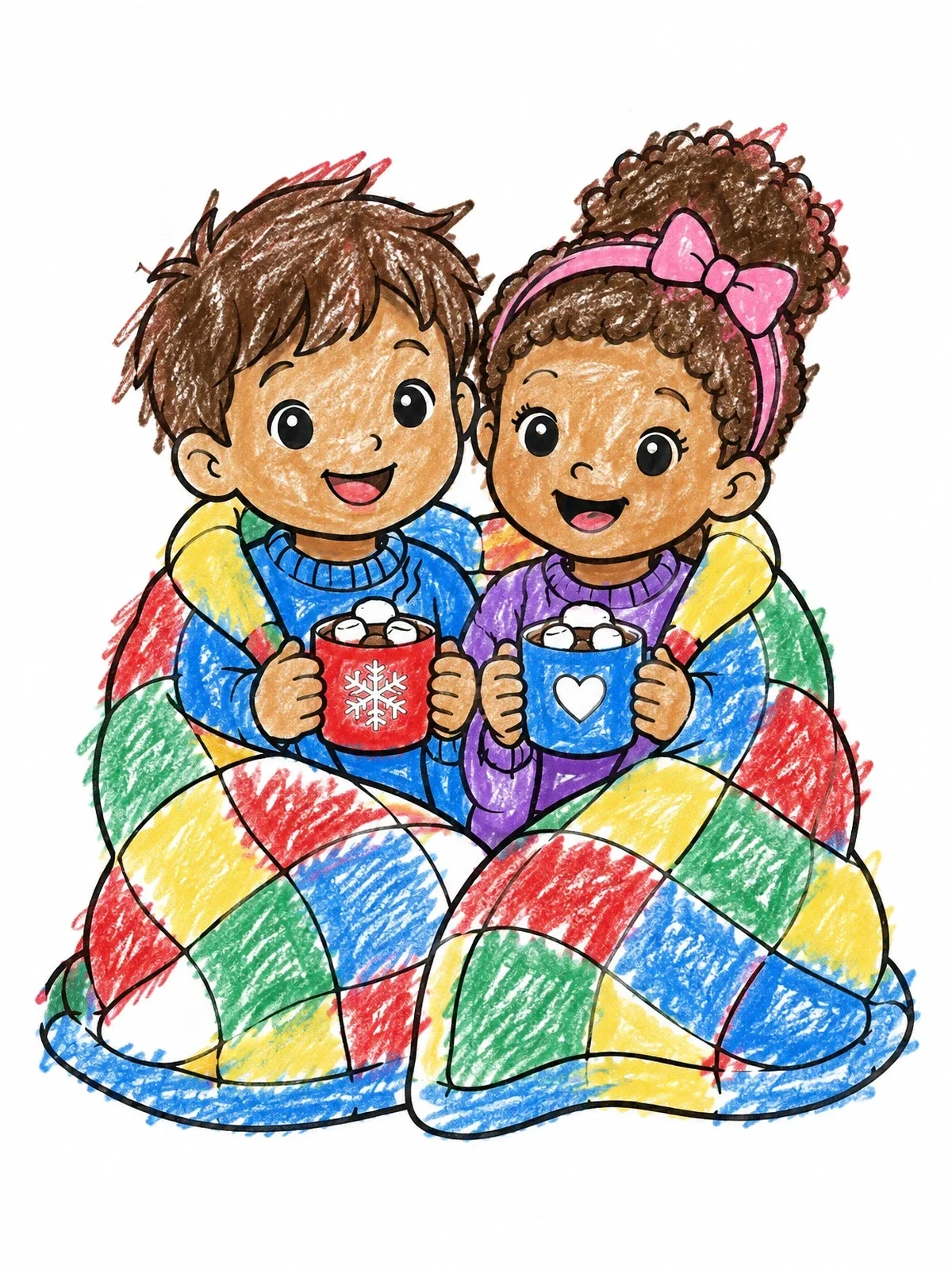 Colored example of the Cozy Kids Drinking Hot Cocoa coloring page