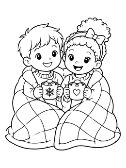 Free printable Cozy Kids Drinking Hot Cocoa coloring page
