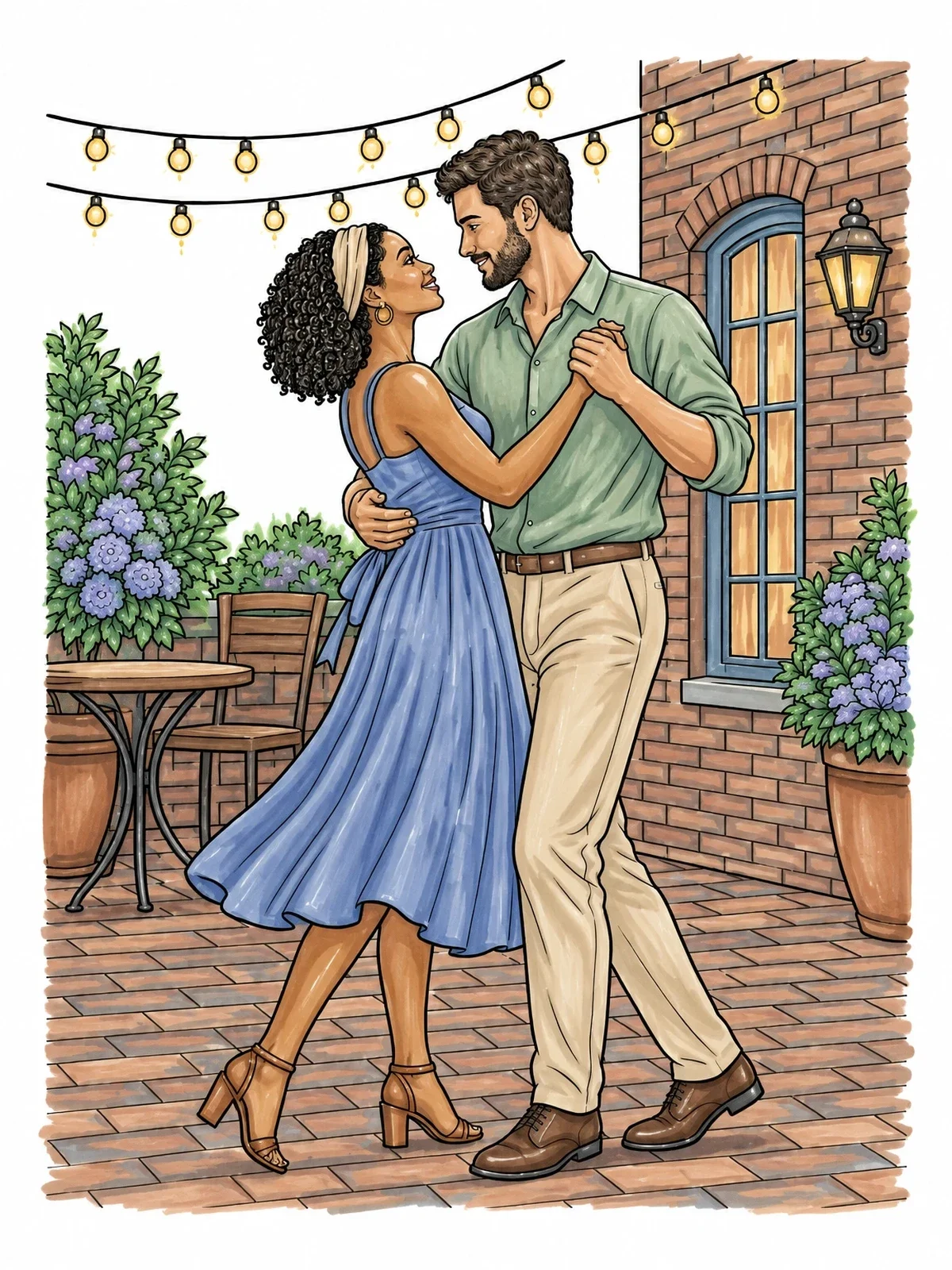 Colored example of the Romantic Couple Dancing On Patio coloring page