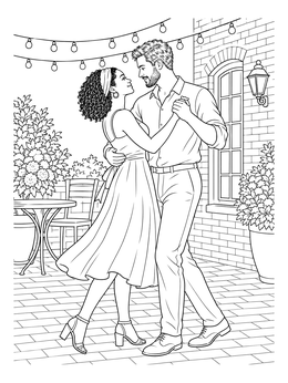 A romantic couple coloring page showing two dancers under string lights on a brick patio.