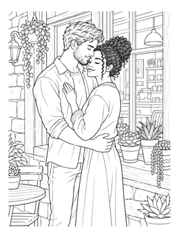 A gentle embrace in this couple coloring page beside a cafe window decorated with succulents.