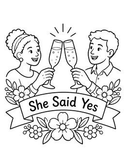 Free printable Engaged Couple Toasting With Champagne Glasses coloring page