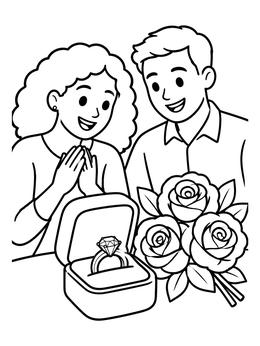 Free printable Happy Couple With Engagement Ring And Roses coloring page