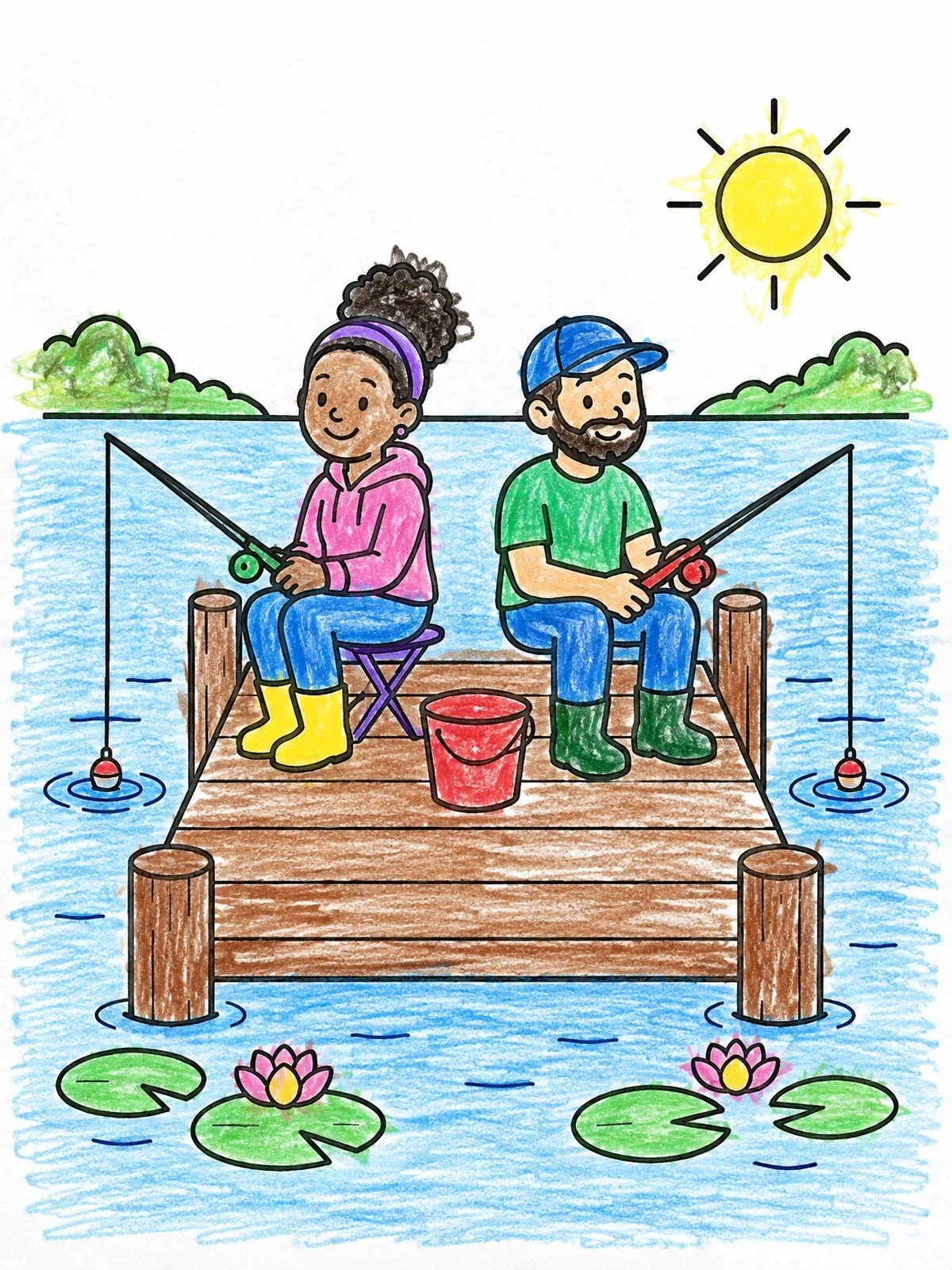 Colored example of the Couple Fishing On A Wooden Pier coloring page