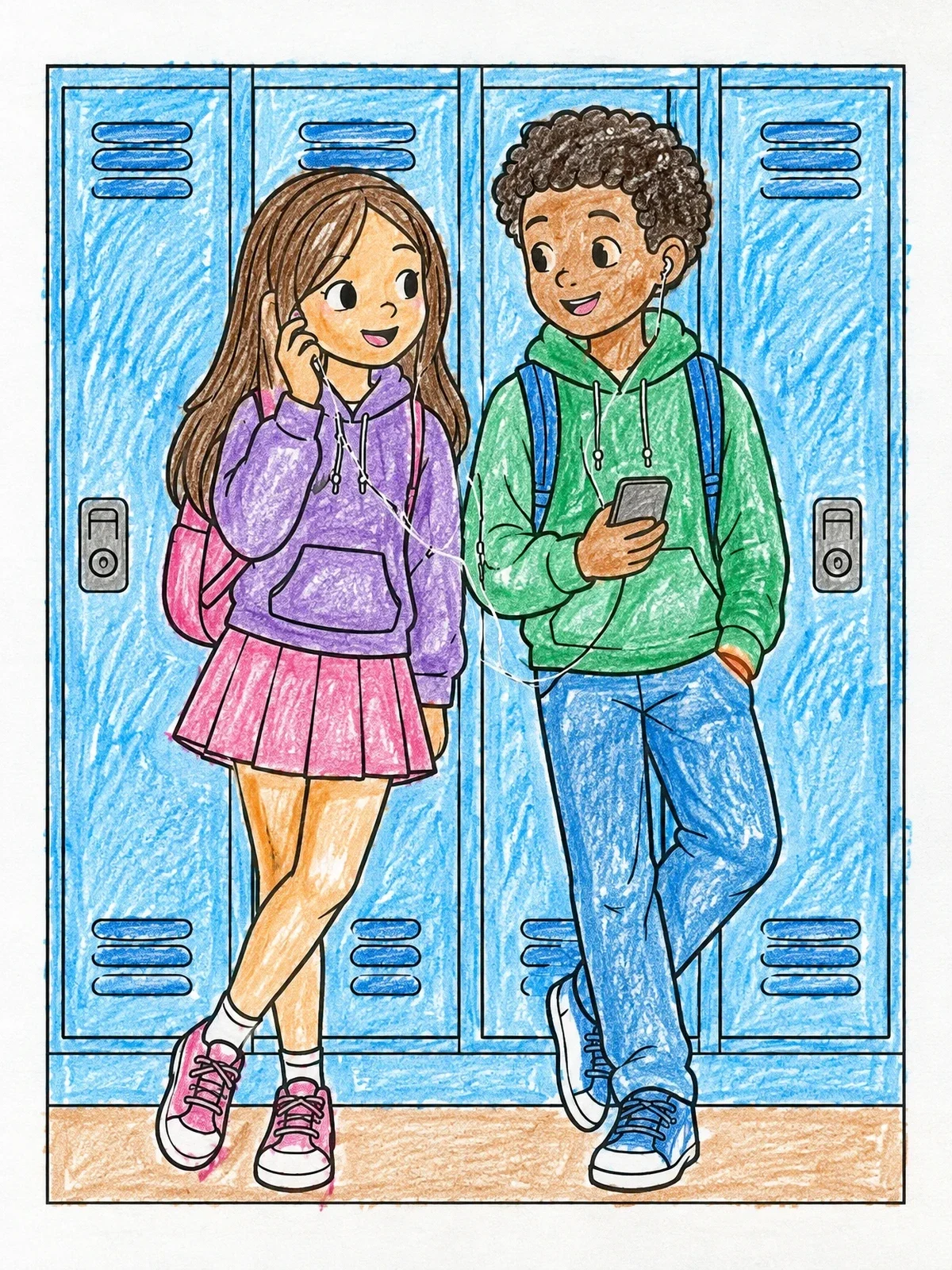 Colored example of the High School Sweethearts Sharing Music coloring page