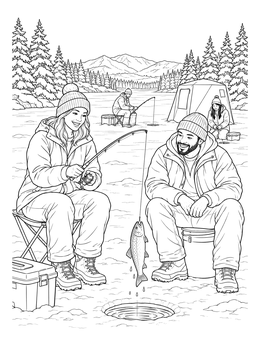 A cheerful ice fishing coloring page showing a couple catching fish on a frozen mountain lake.