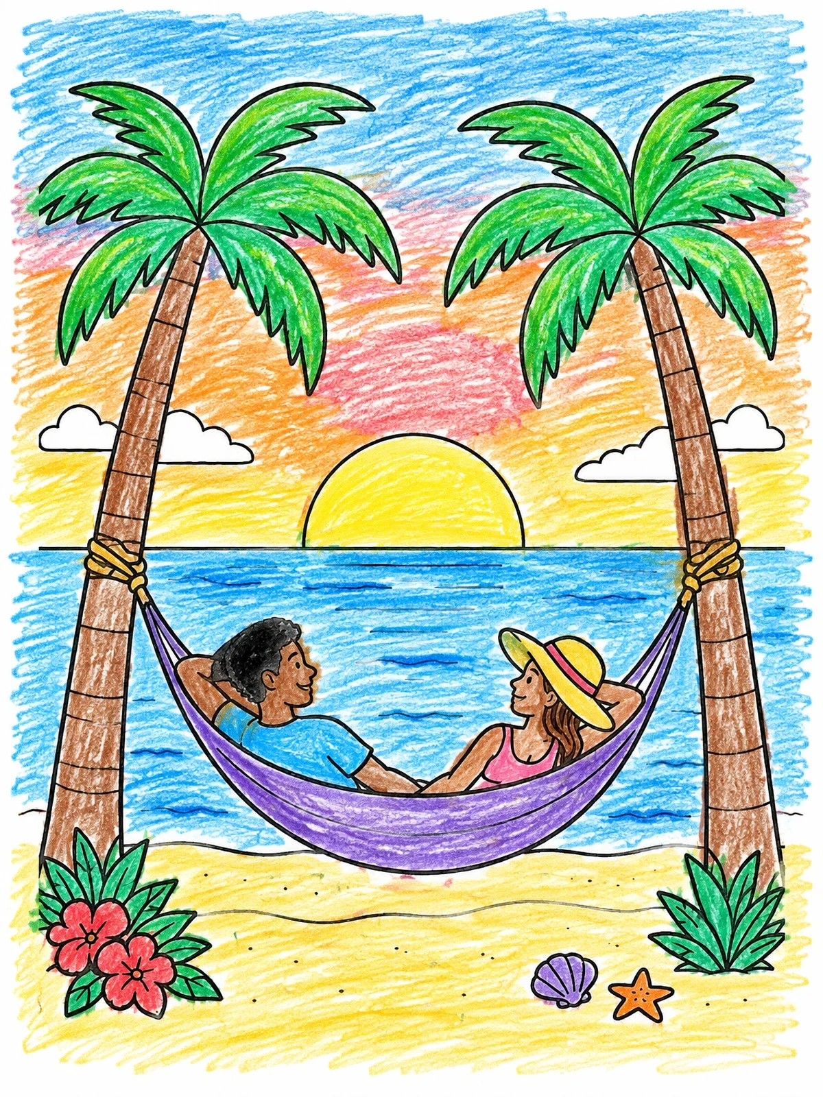 Colored example of the Couple In Hammock At Sunset coloring page