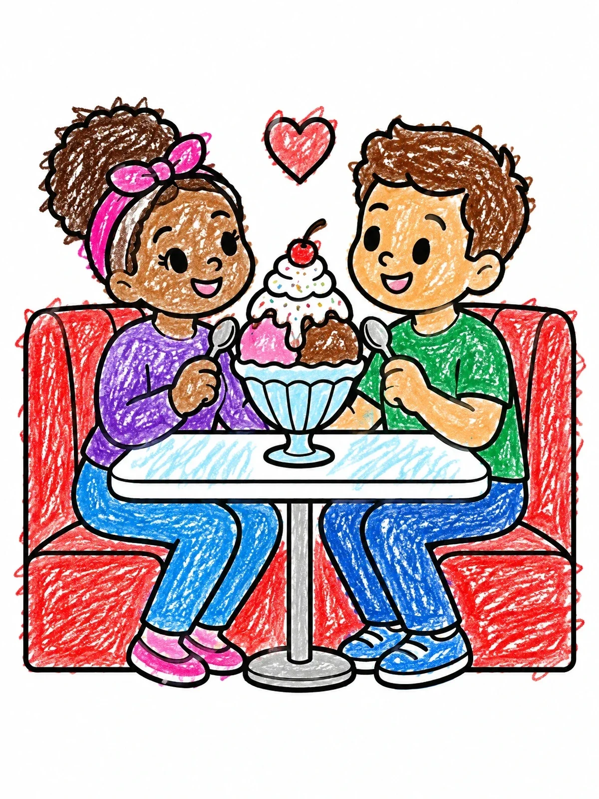 Colored example of the Sweethearts Sharing An Ice Cream Sundae coloring page