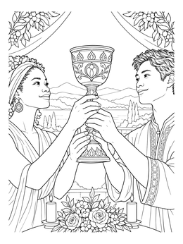 A couple holds an ornate goblet together in this unity coloring page set against scenic mountains.