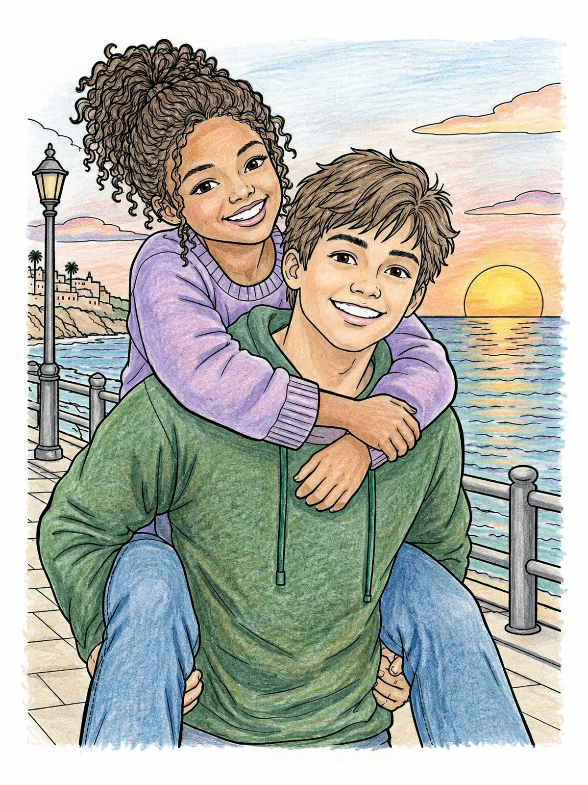 Colored example of the Piggyback Ride At The Promenade coloring page