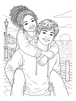 A teen couple coloring page featuring a boy giving a girl a piggyback ride by the sunset seaside.