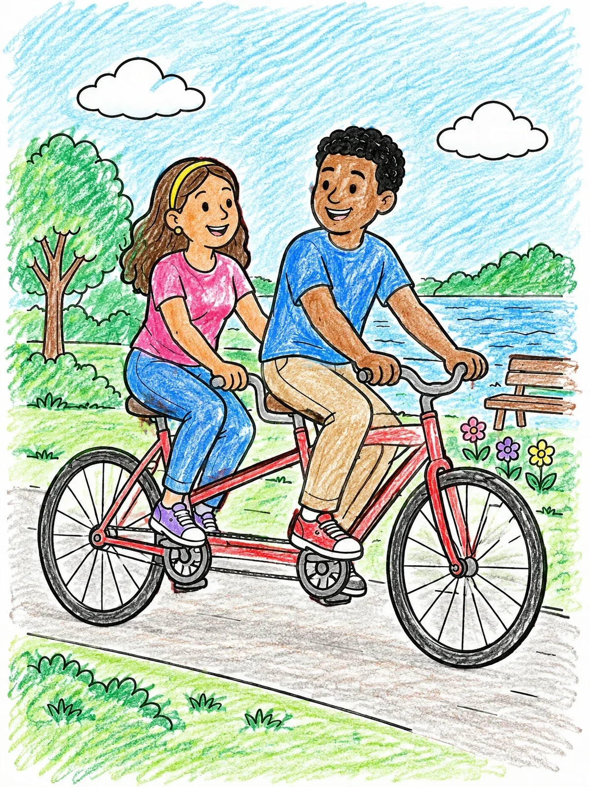 Colored example of the Couple Riding A Tandem Bike In Park coloring page
