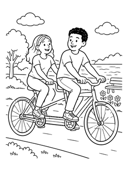 Free printable Couple Riding A Tandem Bike In Park coloring page