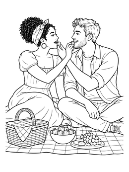 A couple feeding each other berries on this romantic coloring page.