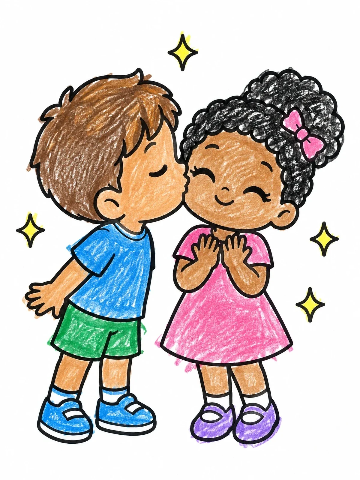 Colored example of the Sweet Cheek Kiss Between Kids coloring page