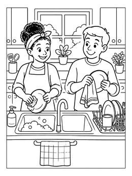 Free printable Couple Washing Dishes Together coloring page
