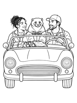 A smiling couple drives an open car with a cute wolverine coloring page.