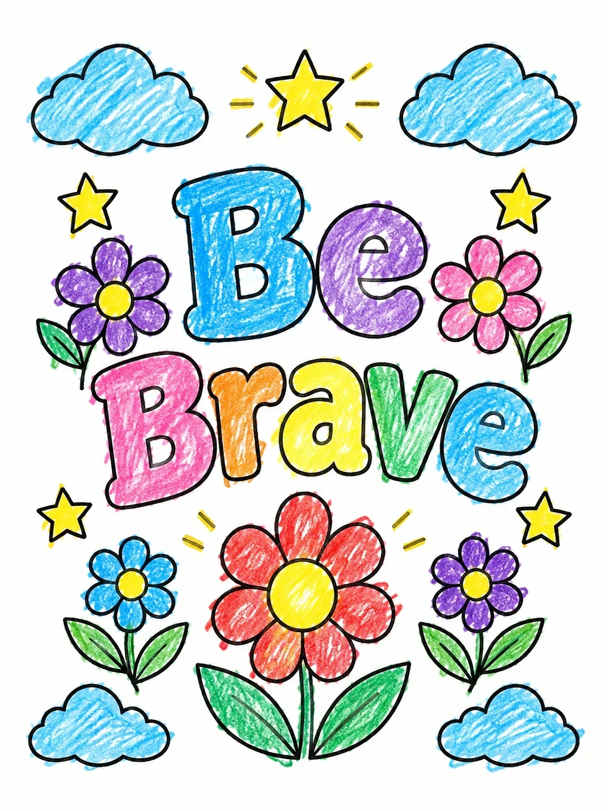 Colored example of the Be Brave Inspirational Floral Art coloring page