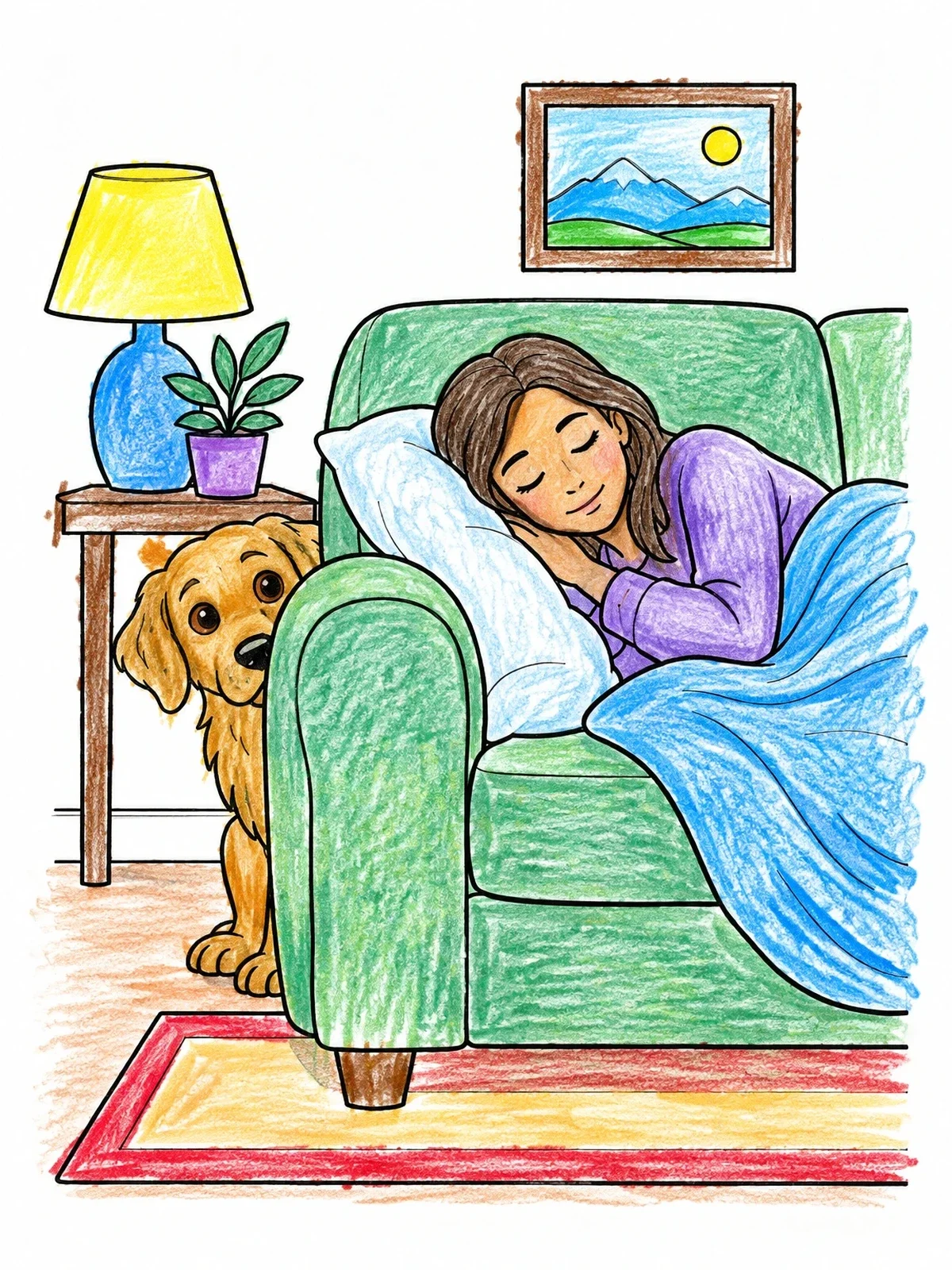 Colored example of the Brave Dog Guarding Sleeping Owner coloring page