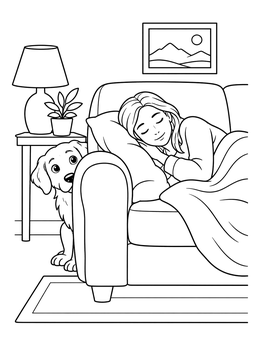 A watchful dog peeks from behind a sofa in this courage coloring page.