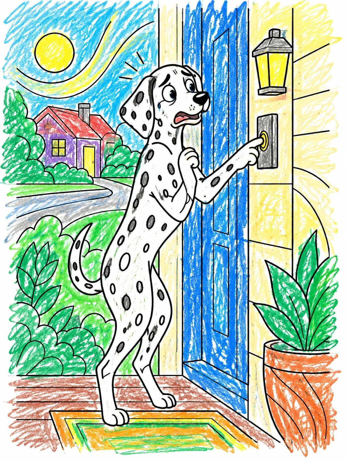 Colored example of the Brave Dog Ringing Front Doorbell coloring page