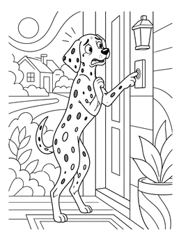 A nervous spotted dog rings a doorbell on this courage coloring page.