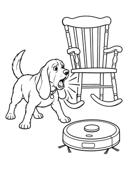 A courage coloring page showing a brave hound barking at a robot vacuum cleaner.