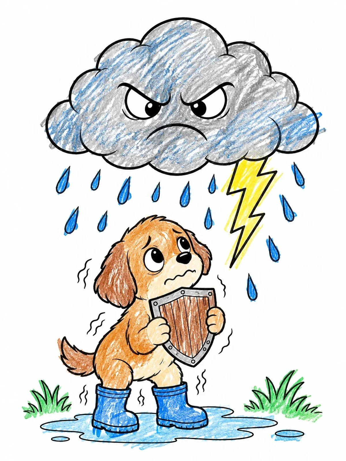 Colored example of the Brave Puppy Facing The Storm coloring page