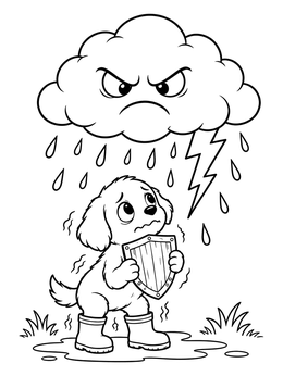 A courage coloring page showing a trembling puppy holding a shield against a stormy cloud.