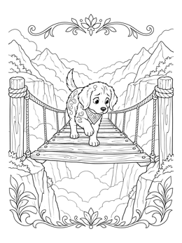 A courage coloring page featuring a small puppy cautiously walking across a wooden rope bridge over a canyon.
