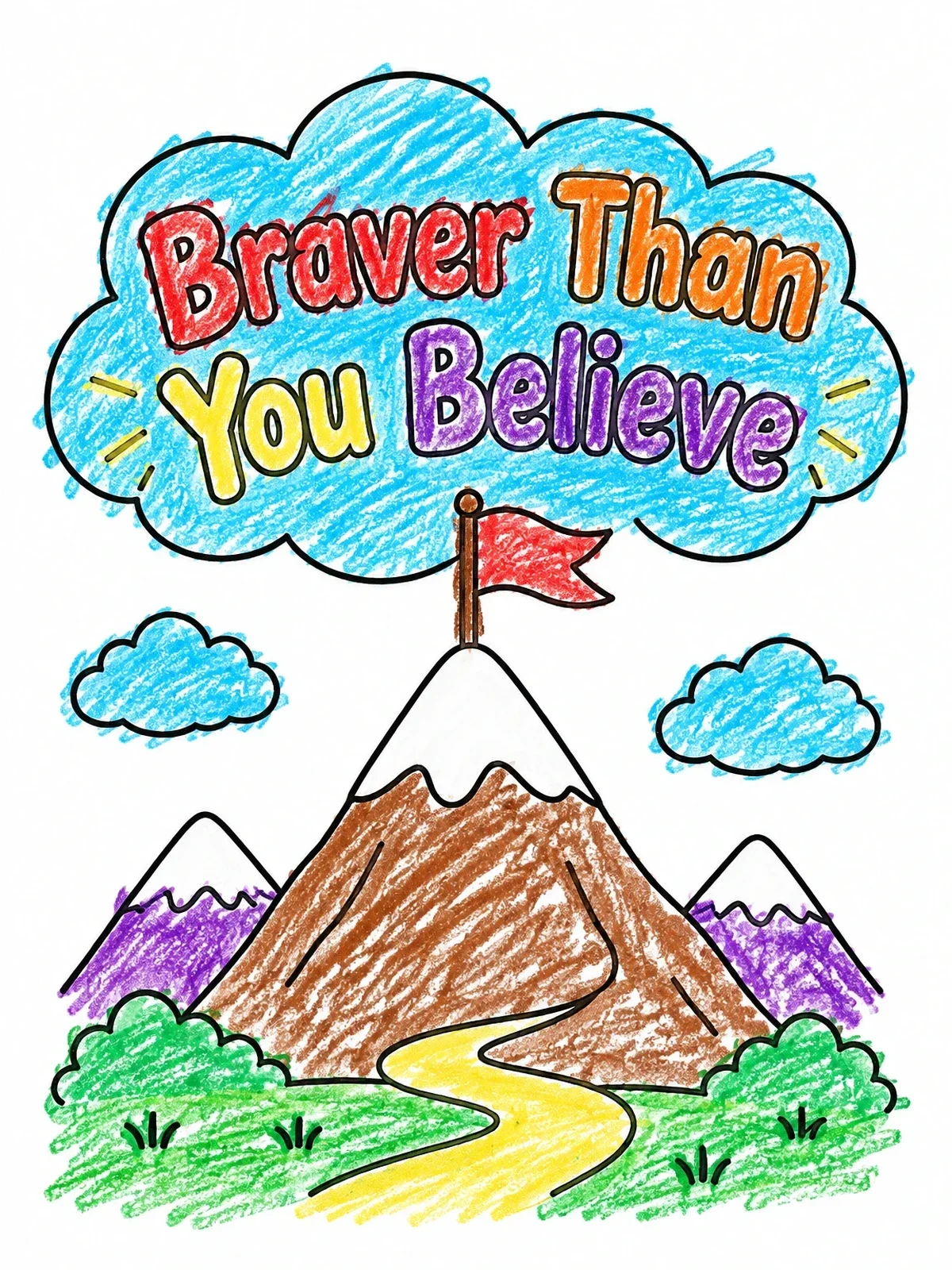 Colored example of the Braver Than You Believe Mountain Peak coloring page
