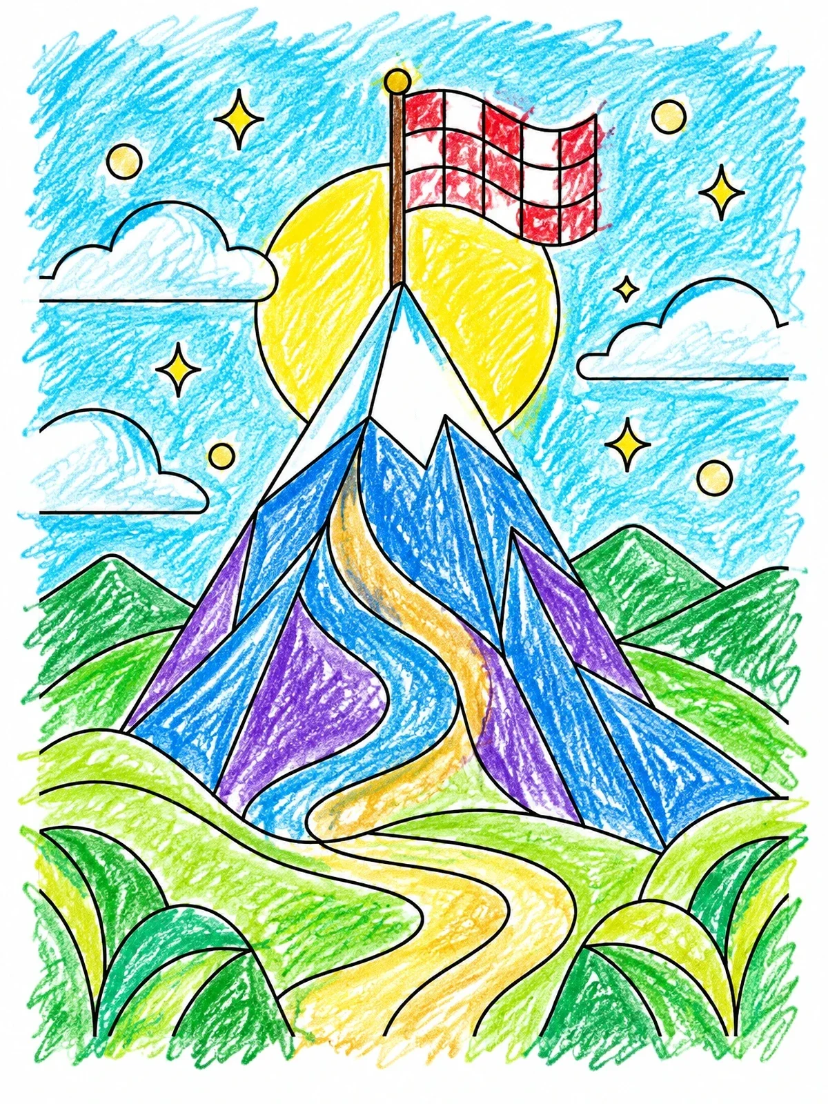 Colored example of the Mountain Summit With Flag coloring page