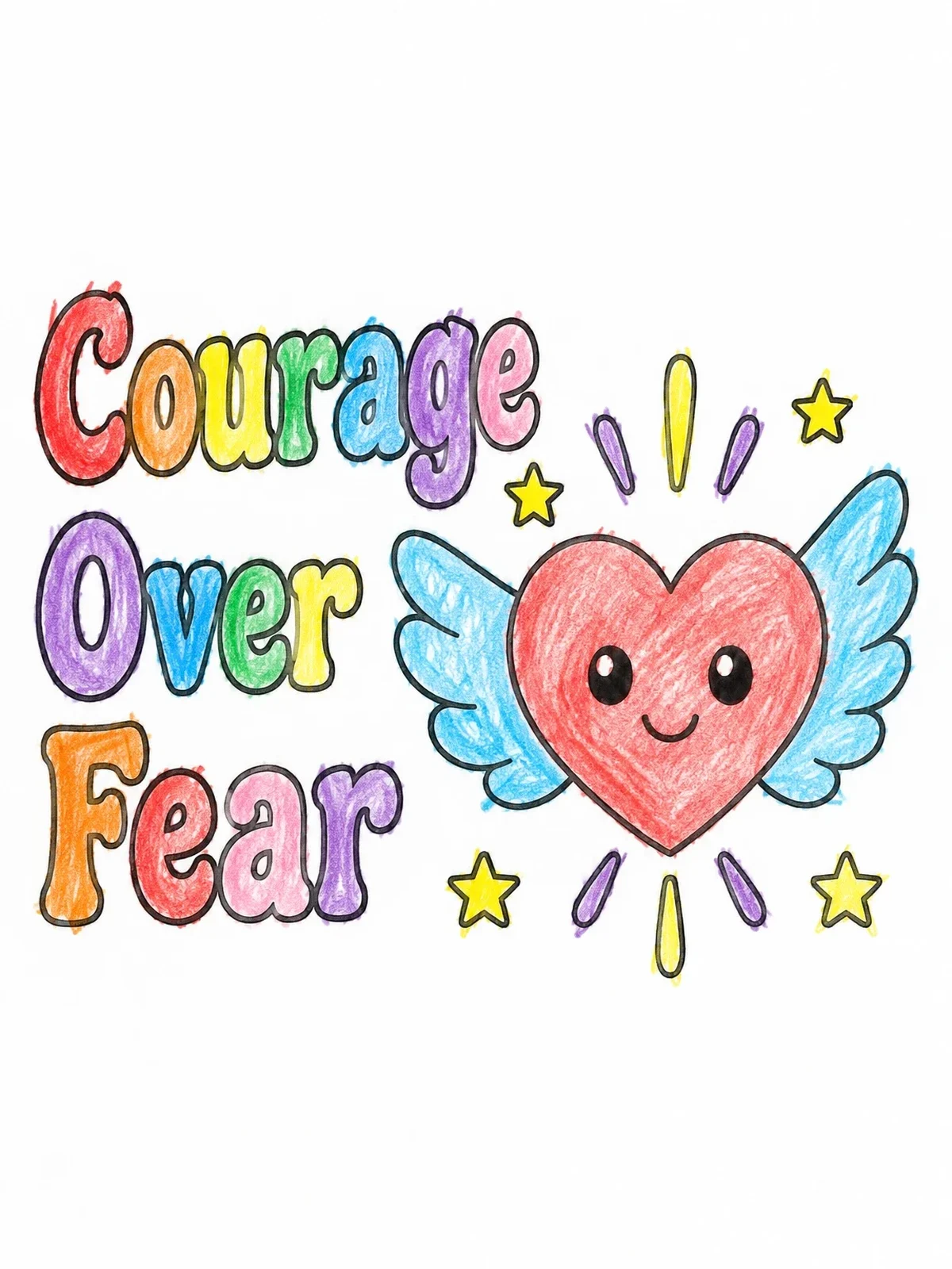 Colored example of the Courage Over Fear Winged Heart coloring page