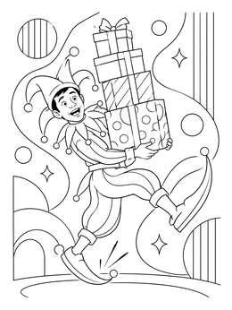 A cheerful jester coloring page featuring a performer balancing a tall stack of gift boxes.