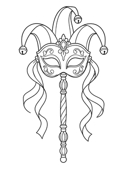 An ornate handheld jester coloring page featuring a carnival mask with bells and ribbons.