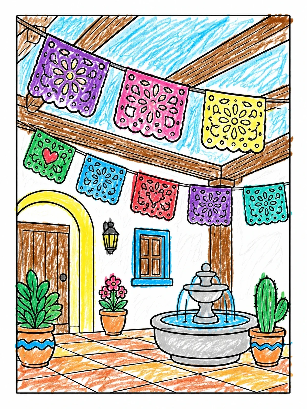 Colored example of the Courtyard With Papel Picado Banners coloring page
