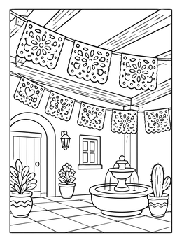 Free printable Courtyard With Papel Picado Banners coloring page