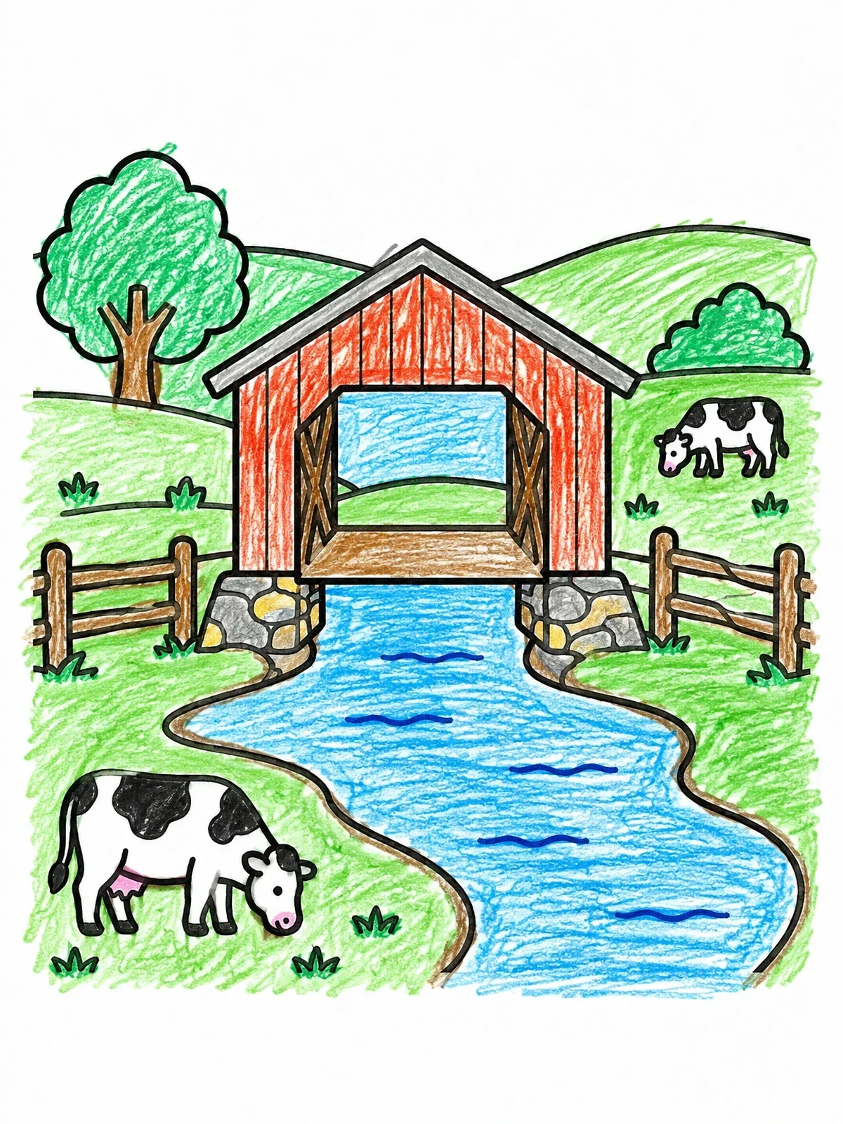 Colored example of the Covered Bridge With Grazing Cows coloring page