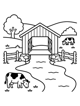 Free printable Covered Bridge With Grazing Cows coloring page
