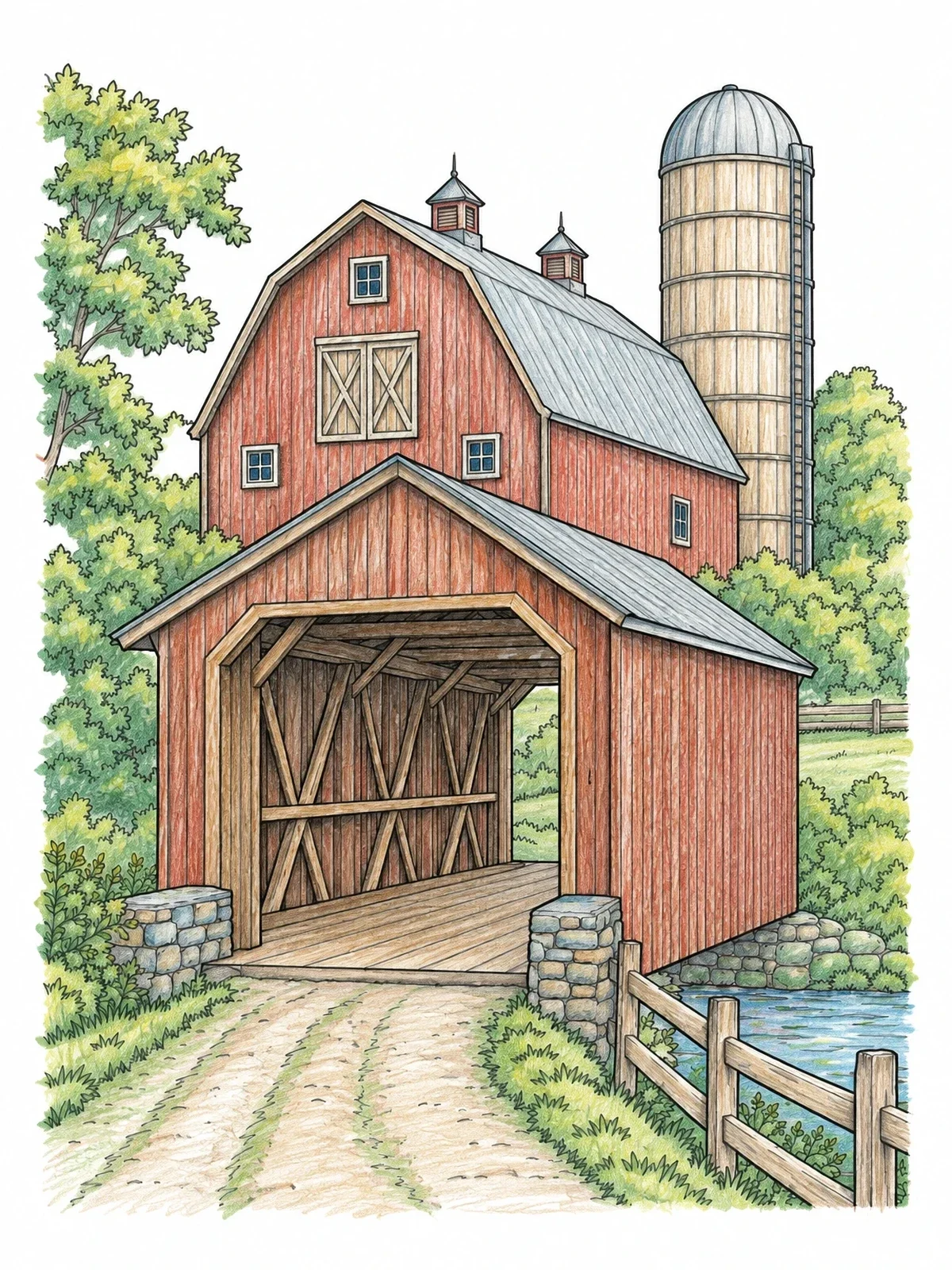 Colored example of the Covered Bridge By The Farm Barn coloring page