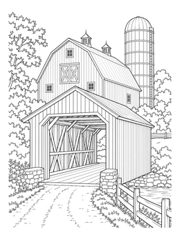 A rustic barn and silo stand along a covered bridge coloring page.