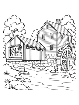 A historic water mill and covered bridge coloring page over a calm flowing stream.